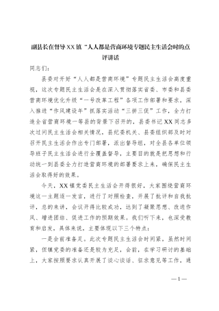 副县长在督导XX镇“人人都是营商环境专题民主生活会时的点评讲话
