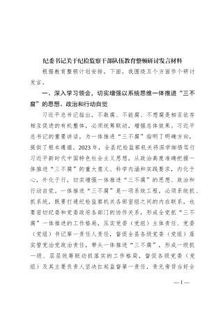 纪委书记关于纪检监察干部队伍教育整顿研讨发言材料