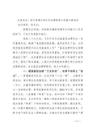 交流发言：深化党建引领乡村治理 探索乡村振兴新途径