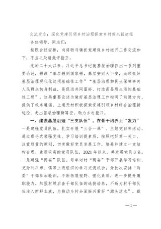 交流发言：深化党建引领乡村治理探索乡村振兴新途径