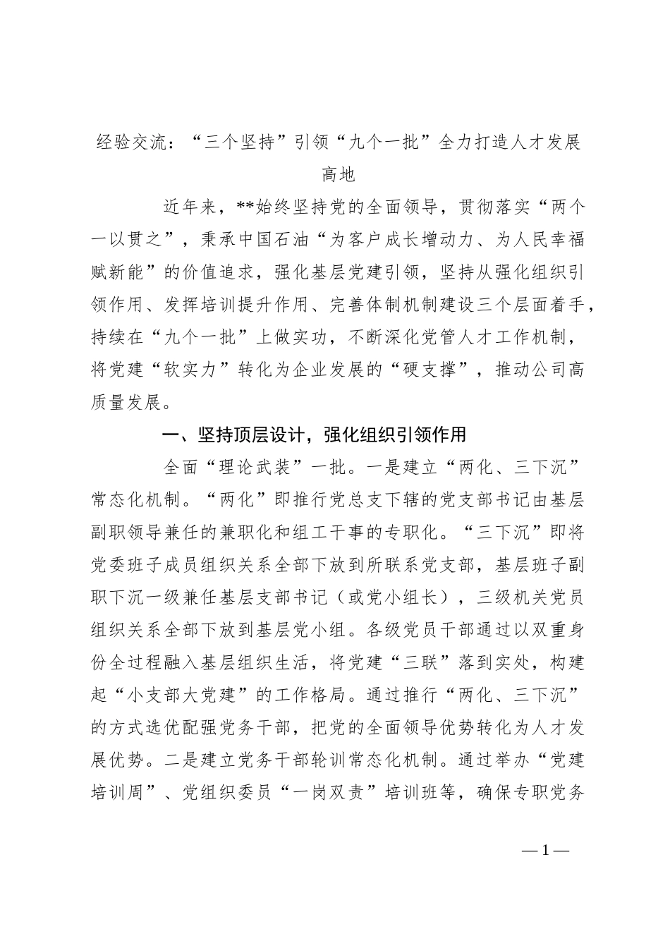 经验交流：“三个坚持”引领“九个一批”全力打造人才发展高地_第1页