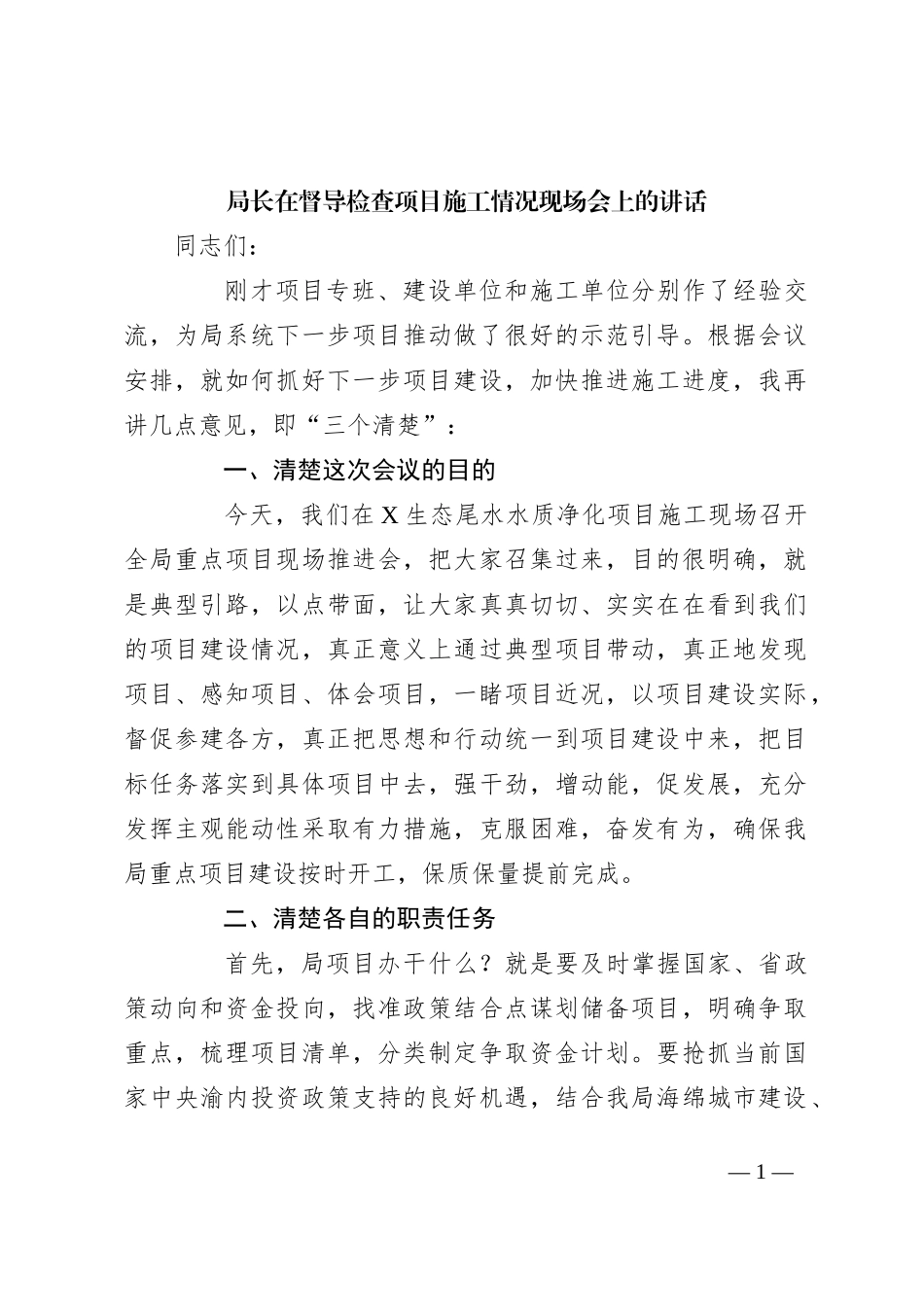 局长在督导检查项目施工情况现场会上的讲话_第1页