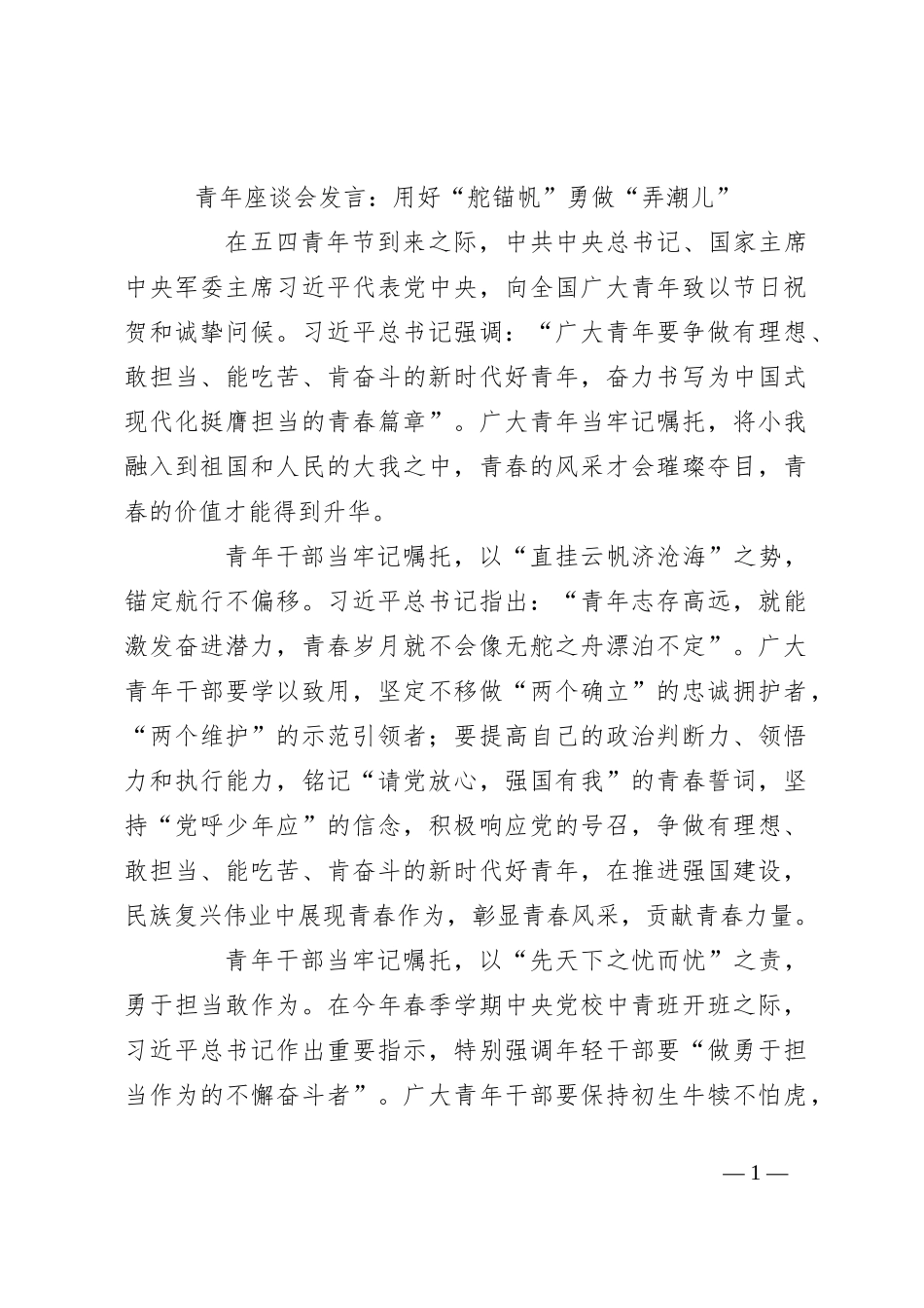 青年座谈会发言：用好“舵锚帆”勇做“弄潮儿”_第1页