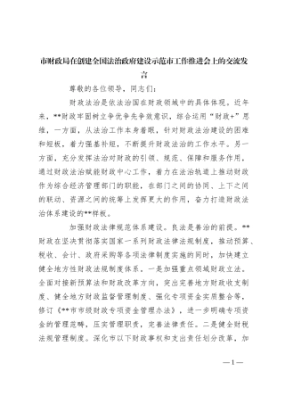 市财政局在创建全国法治政府建设示范市工作推进会上的交流发言