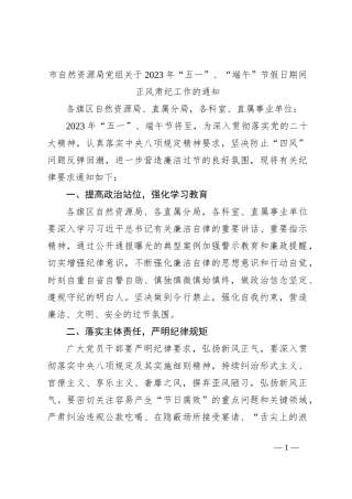 市自然资源局党组关于2023年“五一”、“端午”节假日期间正风肃纪工作的通知