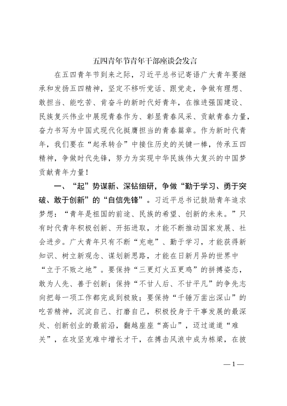 五四青年节青年干部座谈会发言_第1页