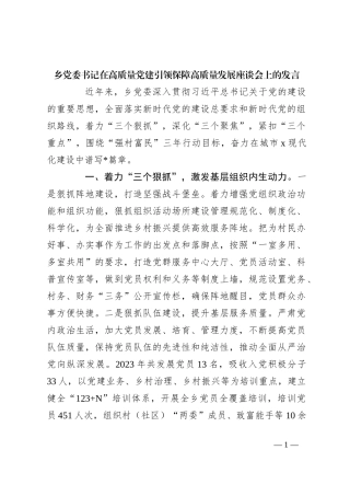 乡党委书记在高质量党建引领保障高质量发展座谈会上的发言
