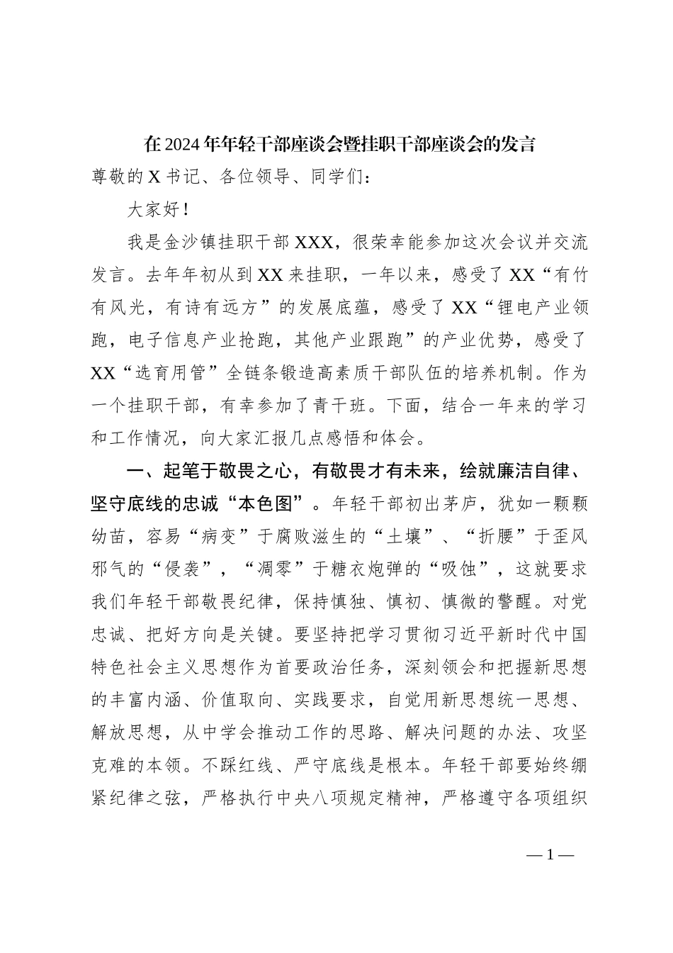 在2024年年轻干部座谈会暨挂职干部座谈会的发言_第1页