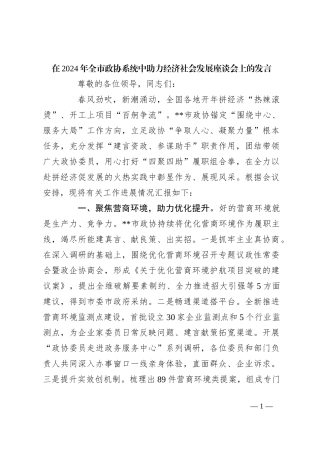 在2024年全市政协系统中助力经济社会发展座谈会上的发言