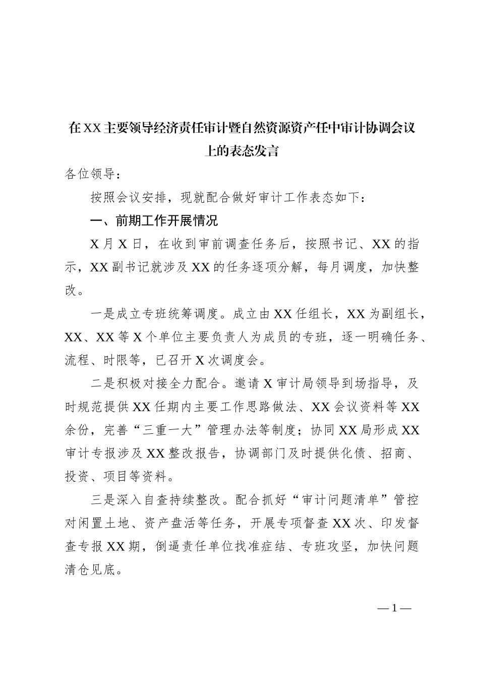 在XX主要领导经济责任审计暨自然资源资产任中审计协调会议上的表态发言_第1页