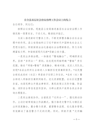 在全县基层社会治安治理工作会议上的发言