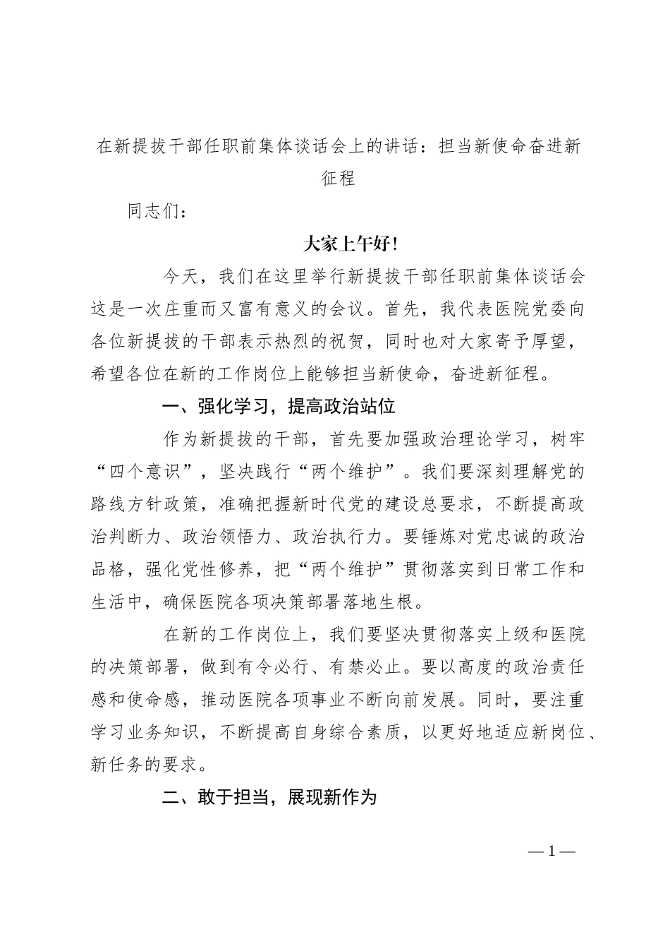 在新提拔干部任职前集体谈话会上的讲话：担当新使命奋进新征程_第1页