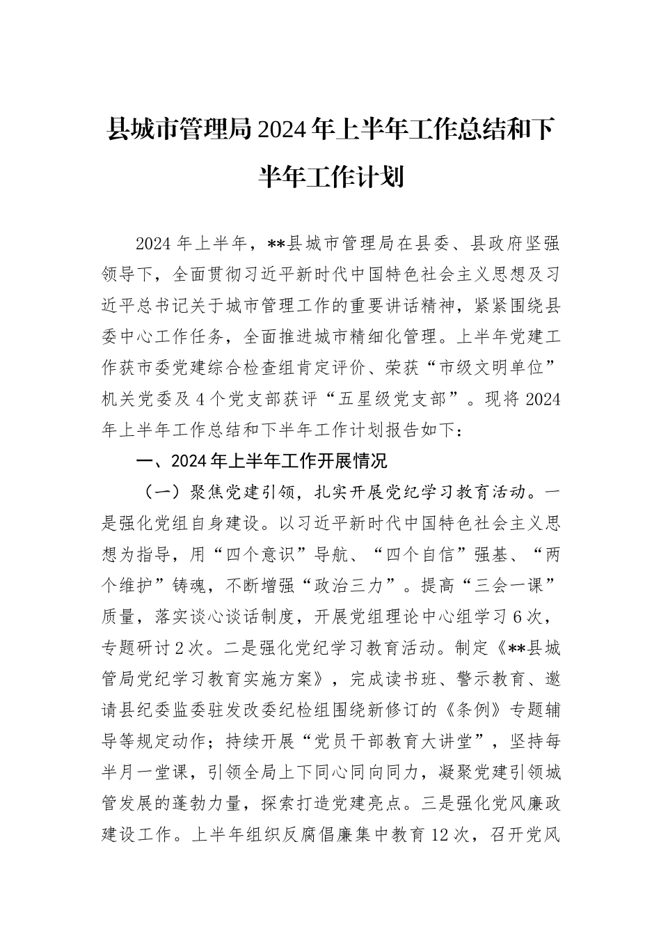 县城市管理局2024年上半年工作总结和下半年工作计划_第1页