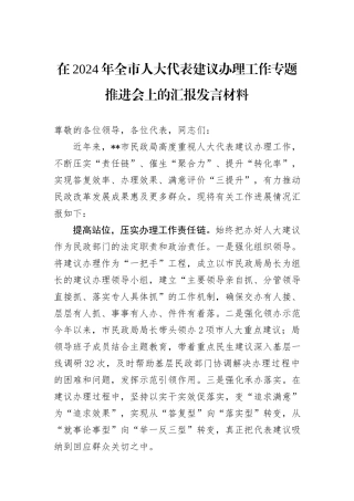 在2024年全市人大代表建议办理工作专题推进会上的汇报发言材料