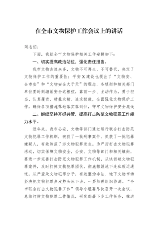 在全市文物保护工作会议上的讲话