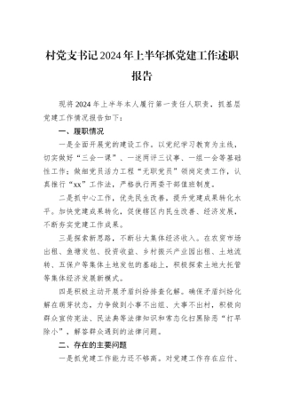 村党支书记2024年上半年抓党建工作述职报告