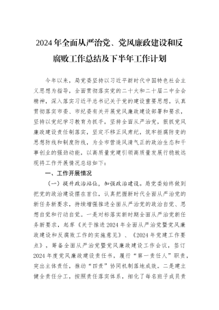 2024年全面从严治党、党风廉政建设和反腐败工作总结及下半年工作计划