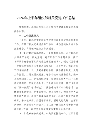 2024年上半年组织部机关党建工作总结