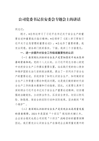 公司党委书记在安委会专题会上的讲话