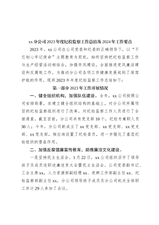 xx分公司2023年度纪检监察工作总结及2024年 工作要点
