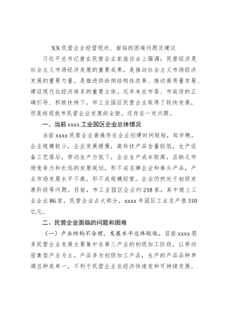 XX民营企业经营现状、面临的困难问题及建议