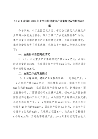 XX市工业园区2024年上半年推进重点产业集群建设发展情况汇报