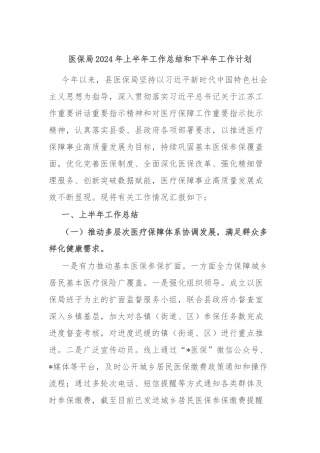 医保局2024年上半年工作总结和下半年工作计划