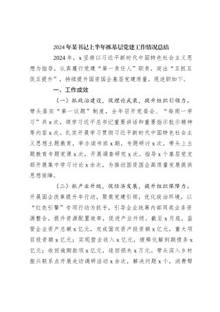 2024年某书记上半年抓基层党建工作情况总结