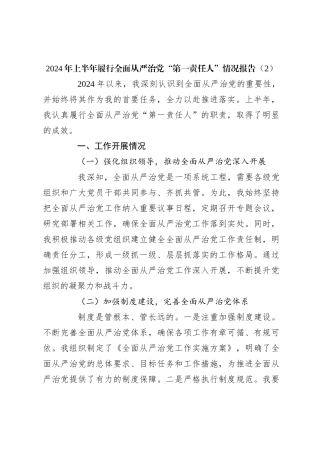 2024年上半年履行全面从严治党“第一责任人”情况报告（2）