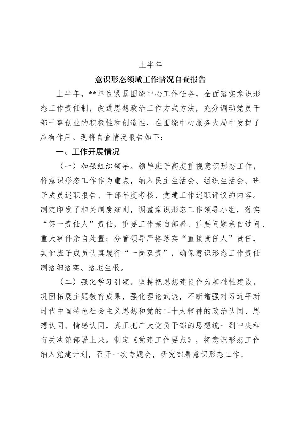 2024上半年意识形态领域工作情况自查报告模板(讲稿)_第1页