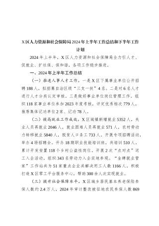 X区人力资源和社会保障局2024年上半年工作总结和下半年工作计划