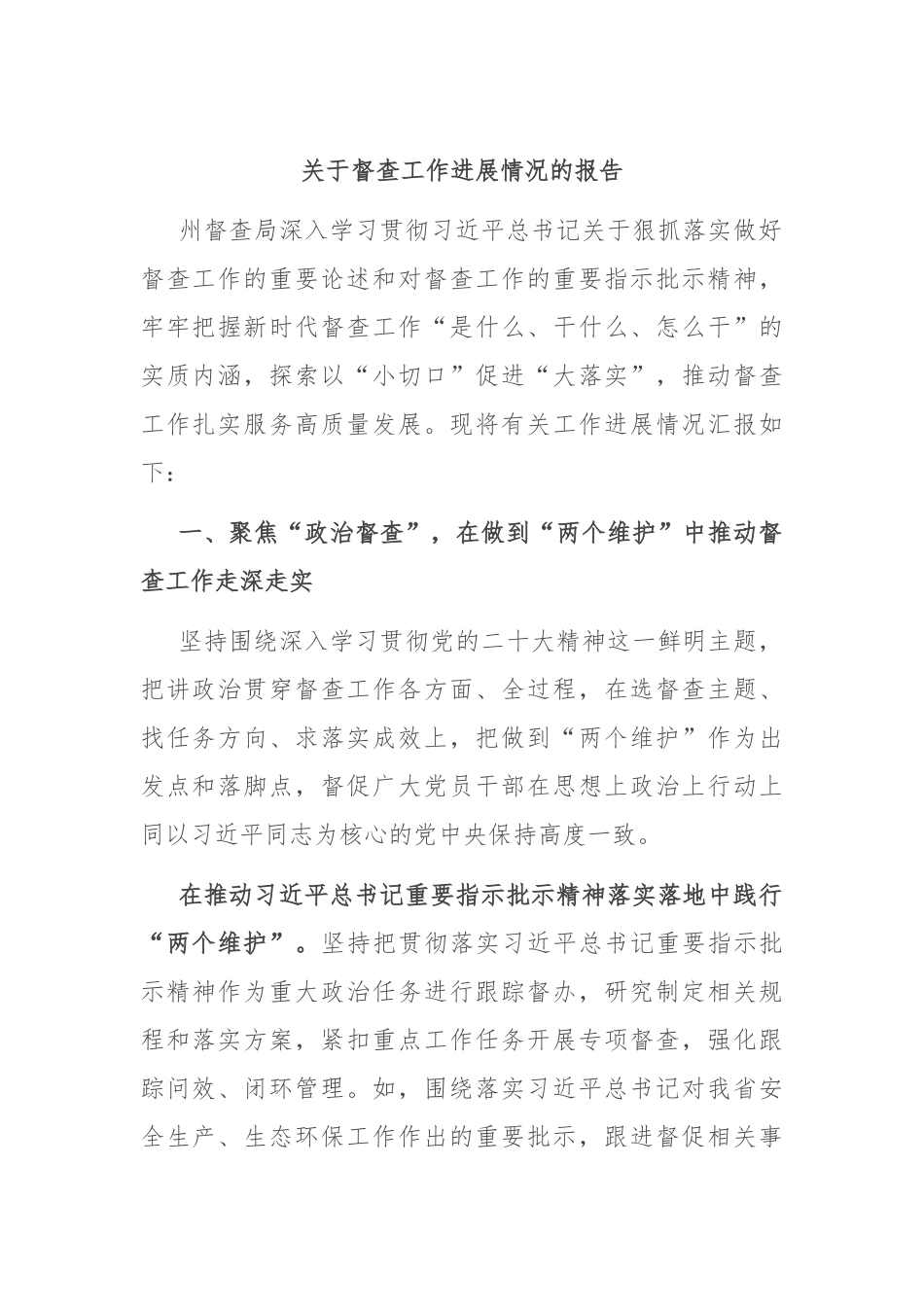 关于督查工作进展情况的报告_第1页