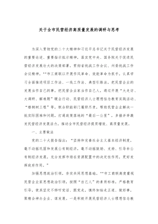 关于全市民营经济高质量发展的调研与思考