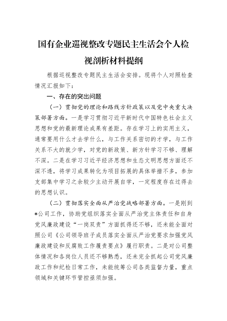 国有企业巡视整改专题民主生活会个人检视剖析材料提纲 (1)_第1页