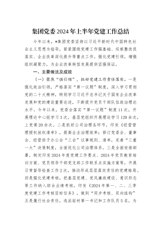 集团党委2024年上半年党建工作总结