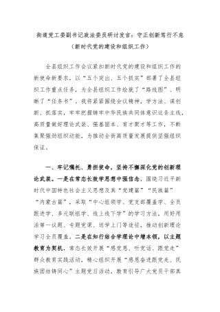 街道党工委副书记政法委员研讨发言：守正创新笃行不怠（新时代党的建设和组织工作）