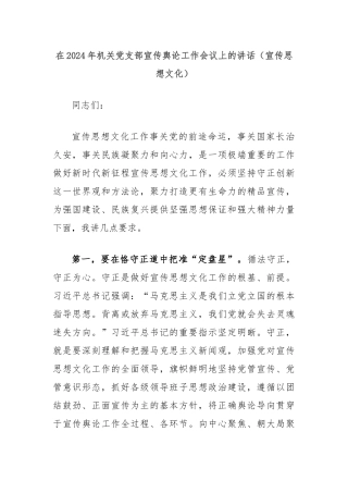 在2024年机关党支部宣传舆论工作会议上的讲话（宣传思想文化）