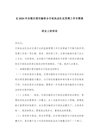 在2024年加强交通运输综合行政执法队伍党建工作专题推进会上的讲话