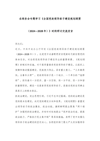 在部务会专题学习《全国党政领导班子建设规划纲要（2024—2028年）》时的研讨交流发言