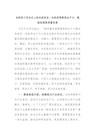 在经济工作会议上的交流发言：加快培育新质生产力，赋能县域高质量发展