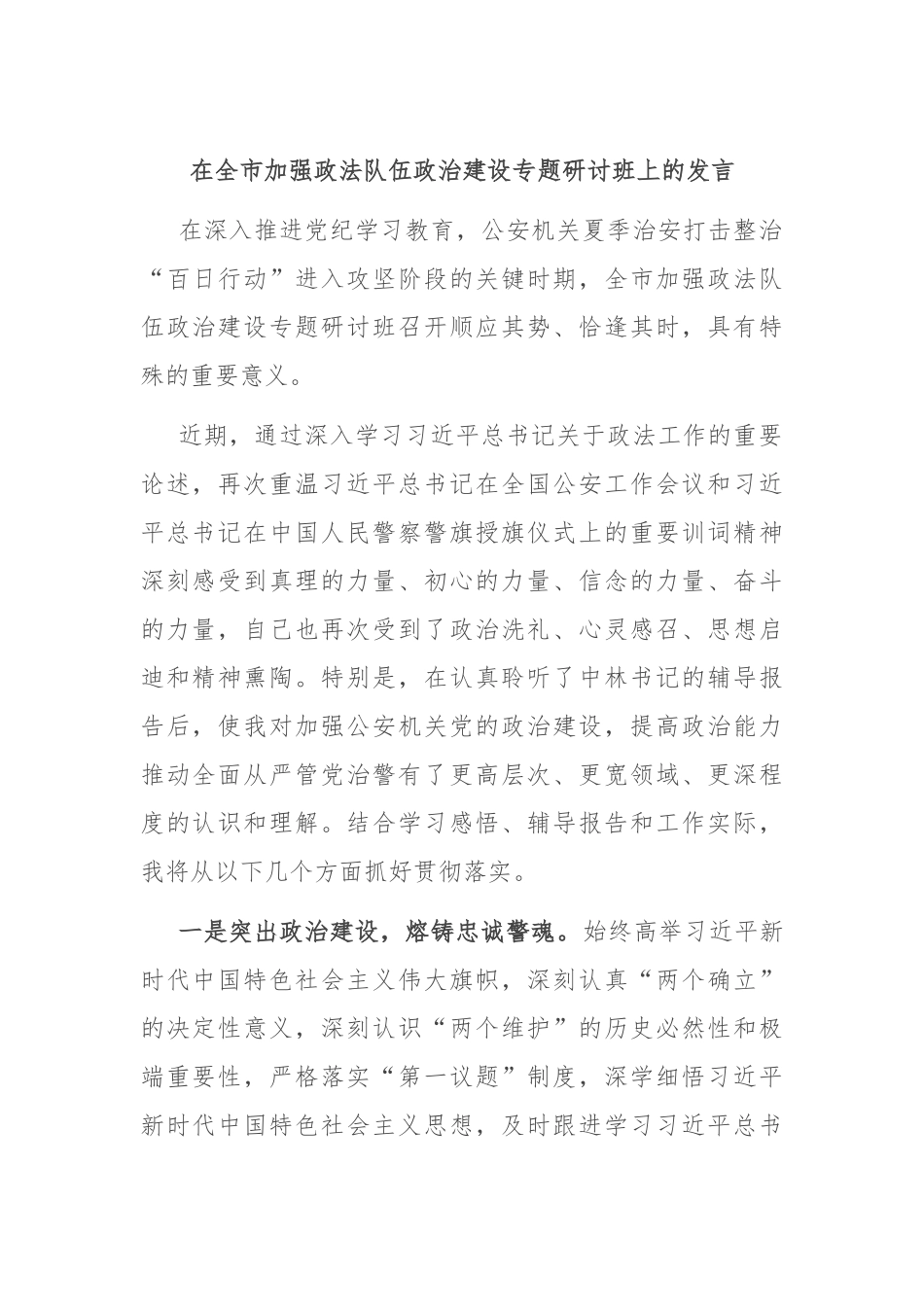 在全市加强政法队伍政治建设专题研讨班上的发言_第1页