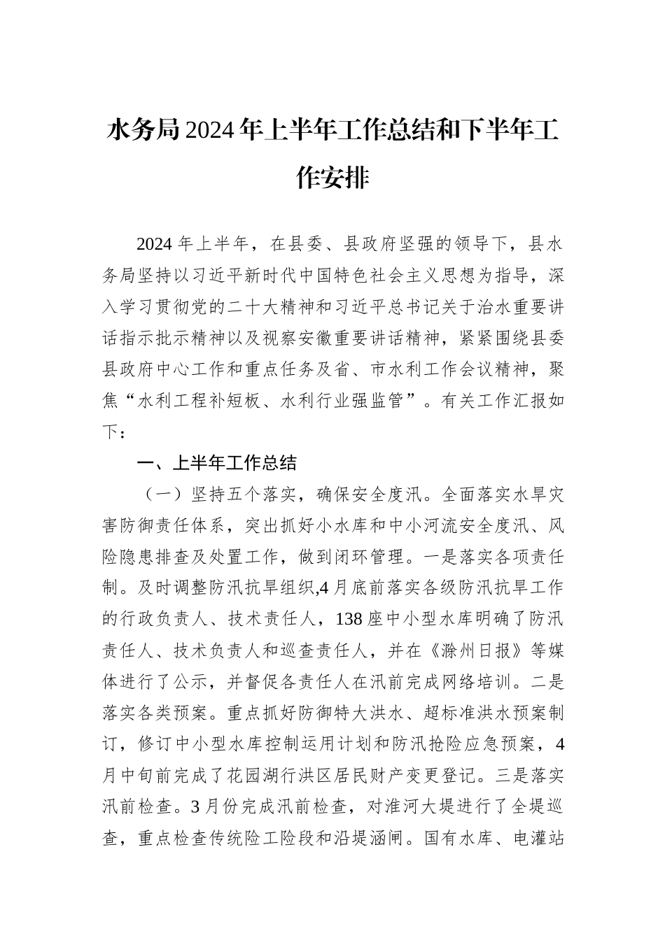 水务局2024年上半年工作总结和下半年工作安排_第1页