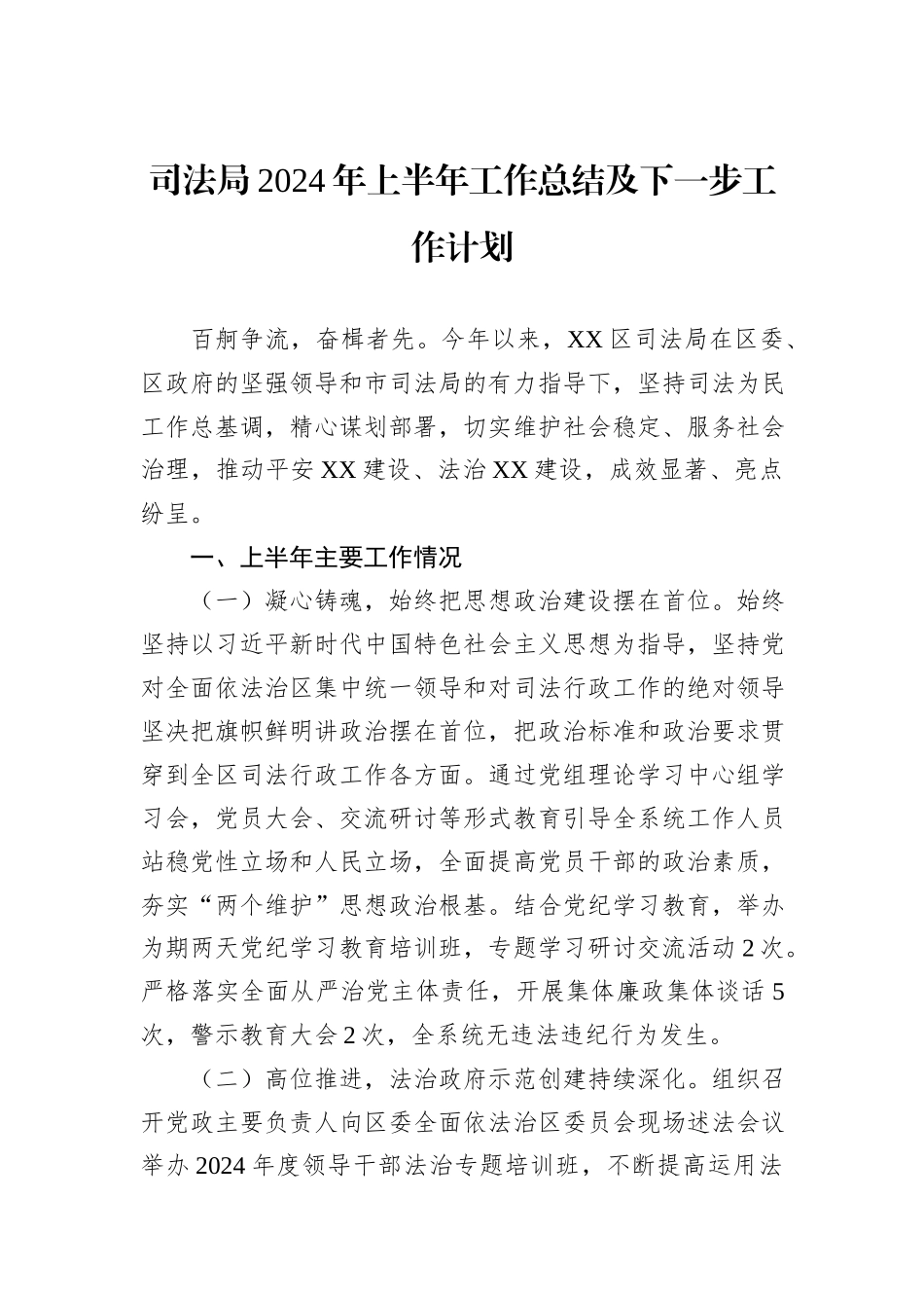 司法局2024年上半年工作总结及下一步工作计划_第1页