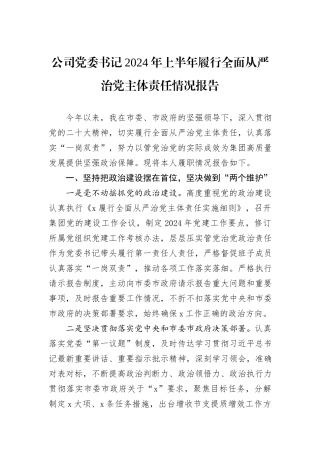 公司党委书记2024年上半年履行全面从严治党主体责任情况报告