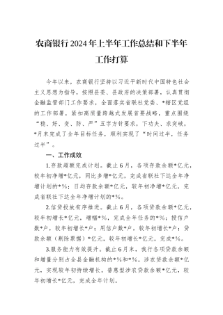 农商银行2024年上半年工作总结和下半年工作打算