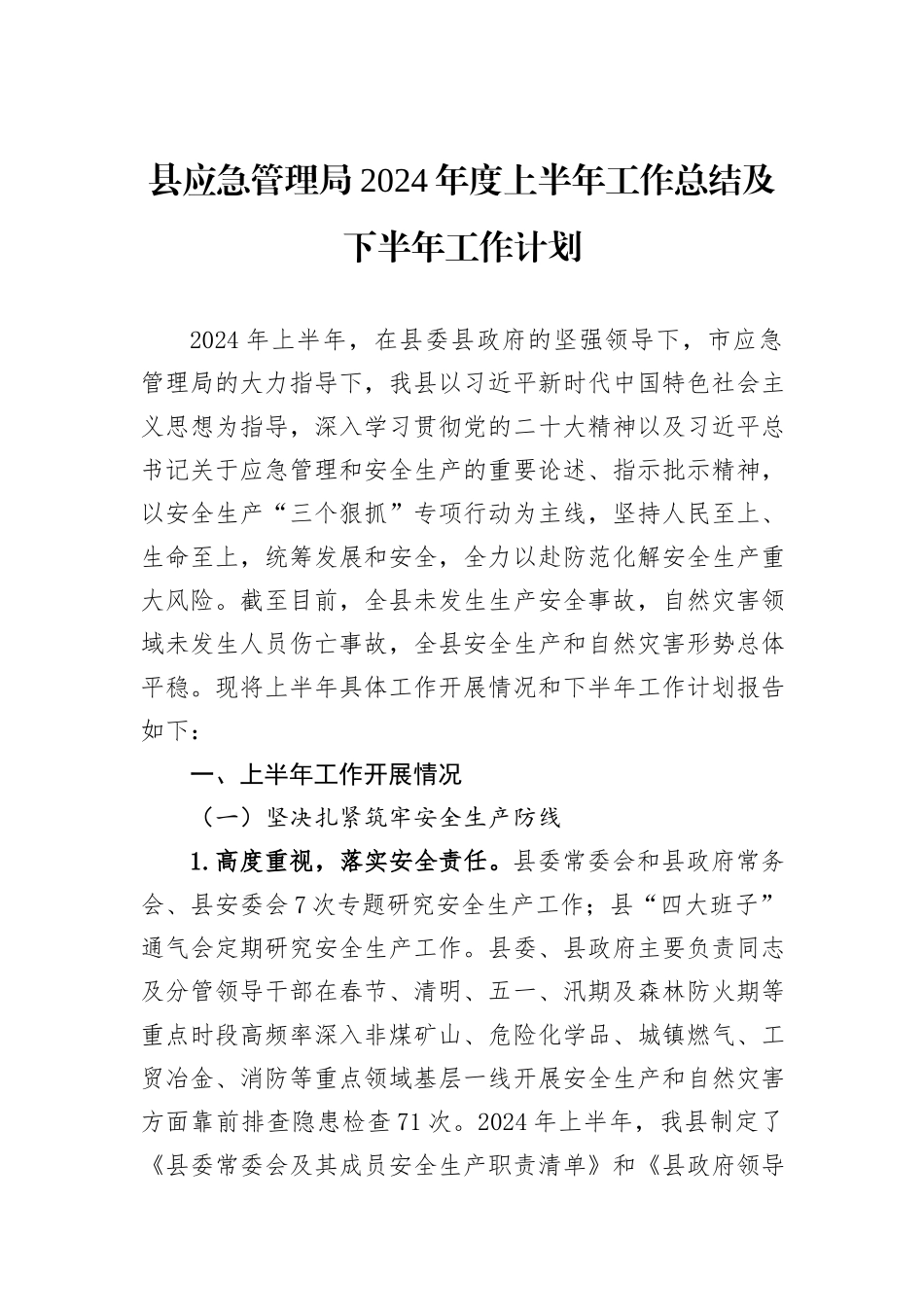 县应急管理局2024年度上半年工作总结及下半年工作计划_第1页