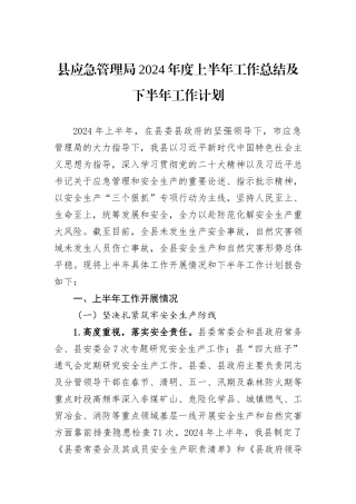 县应急管理局2024年度上半年工作总结及下半年工作计划