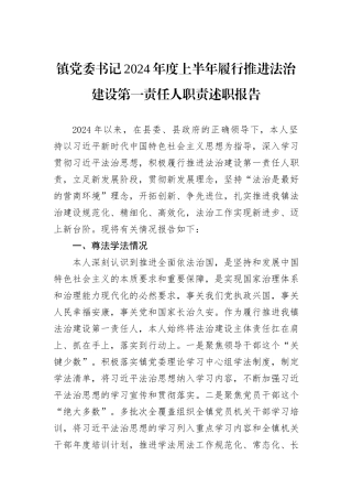 镇党委书记2024年度上半年履行推进法治建设第一责任人职责述职报告