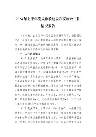 2024年上半年党风廉政建设和反腐败工作情况报告