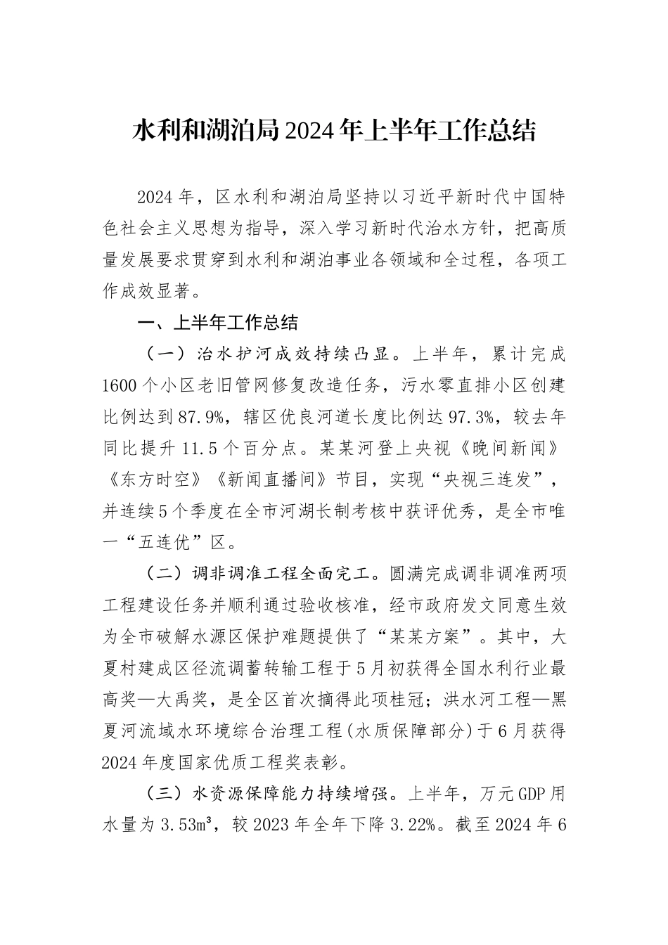 水利和湖泊局2024年上半年工作总结_第1页